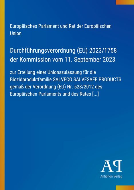 Europäisches Parlament, Durchführungsverordnung (EU) 2023/1758. Blaues Design, Logo unten rechts: "ΑΓ Antiphon Verlag".