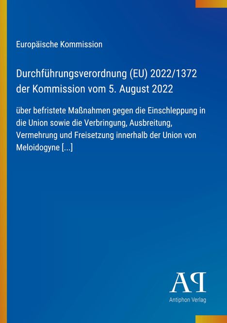 Text: "Durchführungsverordnung (EU) 2022/1372...". Hintergrund: Blau mit gelbem Streifen links; unten rechts ein Logo.