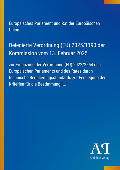 Titel: Delegierte Verordnung (EU) 2025/1190. Blaues Design mit gelbem Rand, Logo unten rechts.