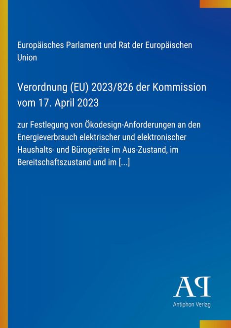 EU-Verordnungstext über Ökodesign-Anforderungen. Blauer Hintergrund mit Logo "Antiphon Verlag" unten rechts.