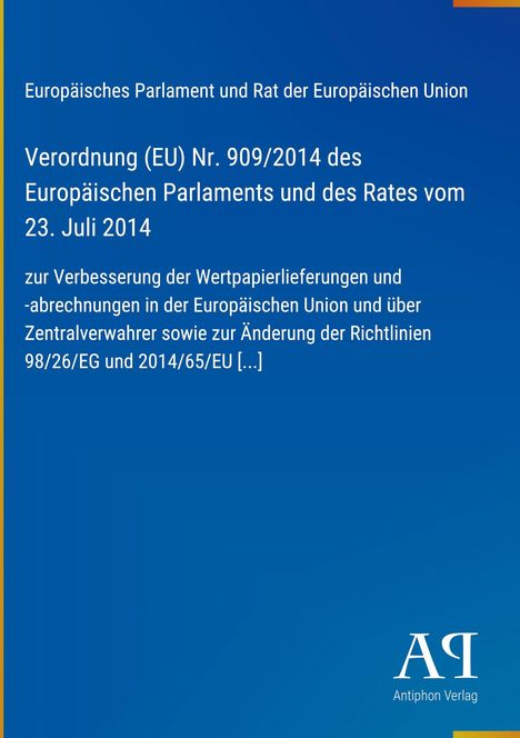 Text: "Verordnung (EU) Nr. 909/2014...". Cover in Blau mit weißem Text, unten rechts kleines Verlag-Logo.