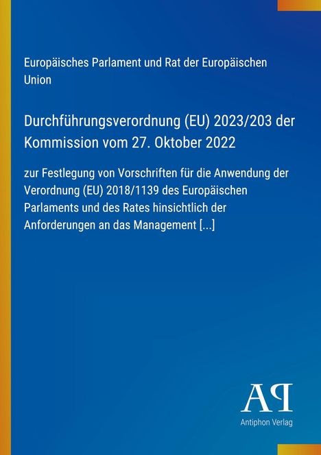 "Durchführungsverordnung (EU) 2023/203 der Kommission vom 27. Oktober 2022" auf blauem Hintergrund, Logo unten.
