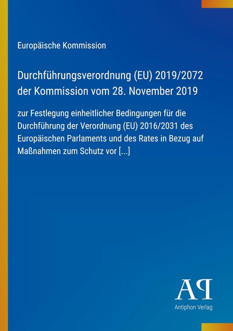 Text über EU-Durchführungsverordnung, blaue und orange Gestaltung, rechts unten Logo „Antiphon Verlag“.