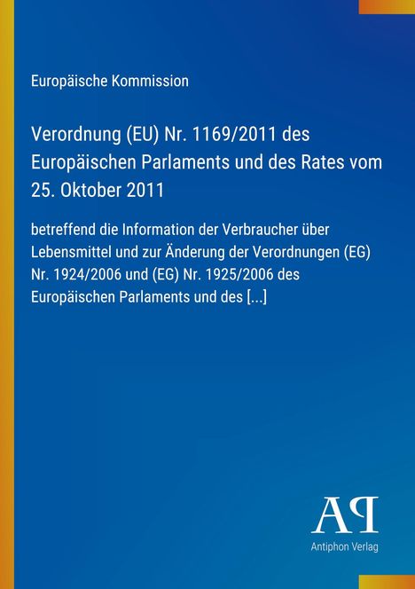 Logo der Europäischen Kommission. Text über Verordnung zur Verbraucherinformation. Blauer Hintergrund mit gelbem Streifen.
