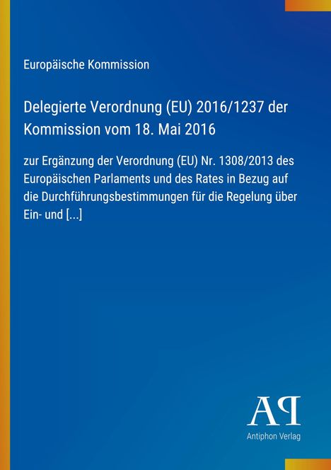 Text über EU-Verordnung von 2016 und Antiphon Verlag-Logo auf blauem Hintergrund mit gelbem Rand.