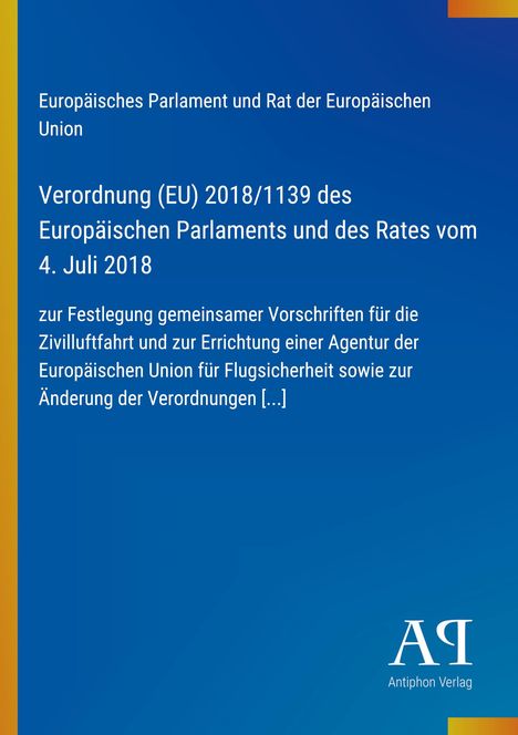 Verordnung (EU) 2018/1139 zur Zivilluftfahrt; blauer Hintergrund mit gelben und orangenen Akzenten. Logo "Antiphon Verlag".
