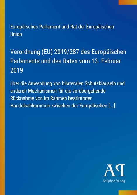Oben steht: "Europäisches Parlament und Rat der Europäischen Union". Unten Logo von Antiphon Verlag auf blauem Hintergrund.