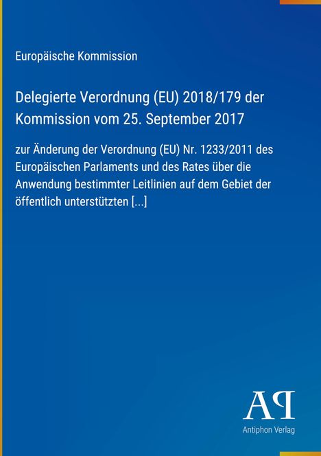 Text: "Europäische Kommission Delegierte Verordnung (EU) 2018/179...". Blaues Cover, links gelber Streifen, unten Logo.