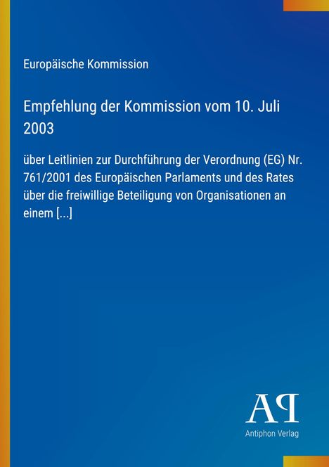 Europäische Kommission, Empfehlung vom 10. Juli 2003, Thema Umweltmanagement, blauer Hintergrund.