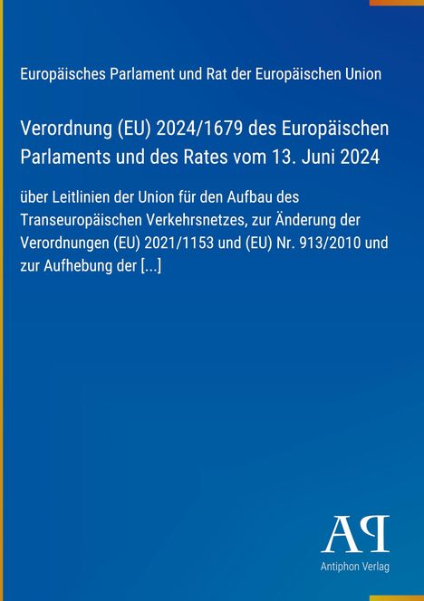 Text über Verordnung (EU) 2024/1679 des Europäischen Parlaments. Blaues Cover, gelber Rand, Logo unten "AP Antiphon Verlag".