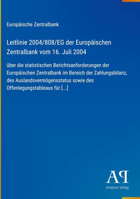 Text über EZB-Leitlinie 2004/808/EG zu Berichtspflichten. Blauer Hintergrund, weiße Schrift. Unten rechts Verlag-Logo.