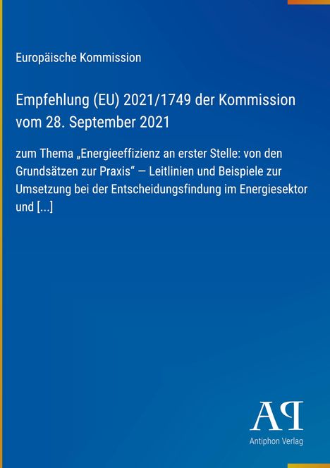 Text über Energieeffizienzempfehlung der EU-Kommission. Blauer Hintergrund, rechts unten Logo "Antiphon Verlag".