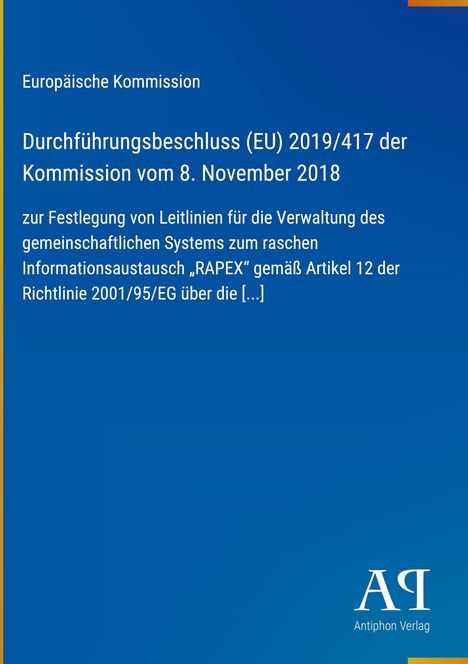 Durchführungsbeschluss (EU) 2019/417 der Kommission; blaues Dokument, Antiphon Verlag-Logo.