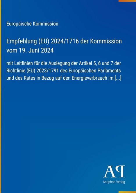 Text: Empfehlung (EU) 2024/1716 der Kommission vom 19. Juni 2024. Illustration mit blauem Hintergrund und Verlagslogo.