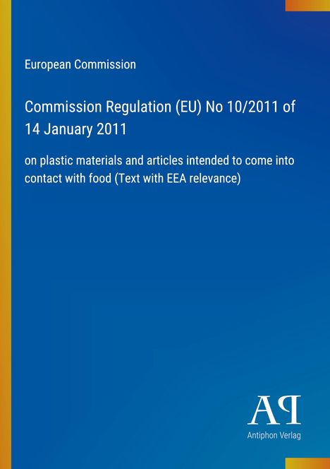 Text über EU-Verordnung zu Kunststoffen für Lebensmittelkontakt, blaues Design mit "Antiphon Verlag" am unteren Rand.