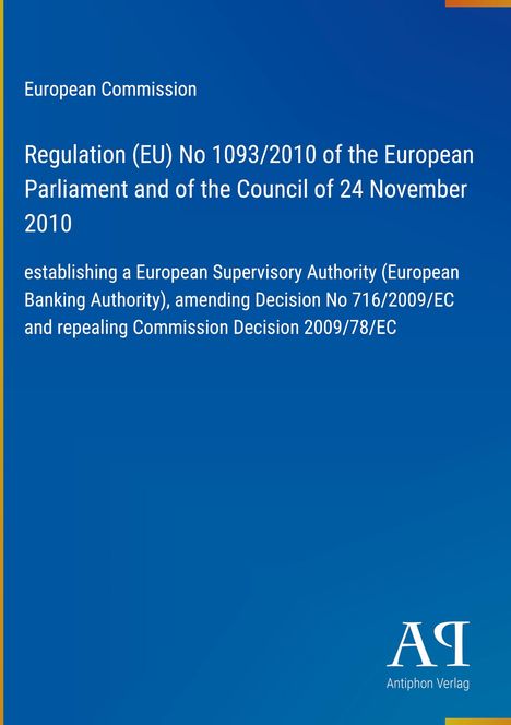 Text zur EU-Verordnung 1093/2010 über Finanzaufsicht. Blauer Hintergrund, Logo des Antiphon Verlags.