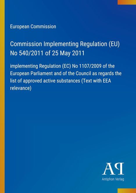 Text zur EU-Verordnung auf blauem Hintergrund mit gelbem Rand links. Unten ein Logo: "AP Antiphon Verlag".