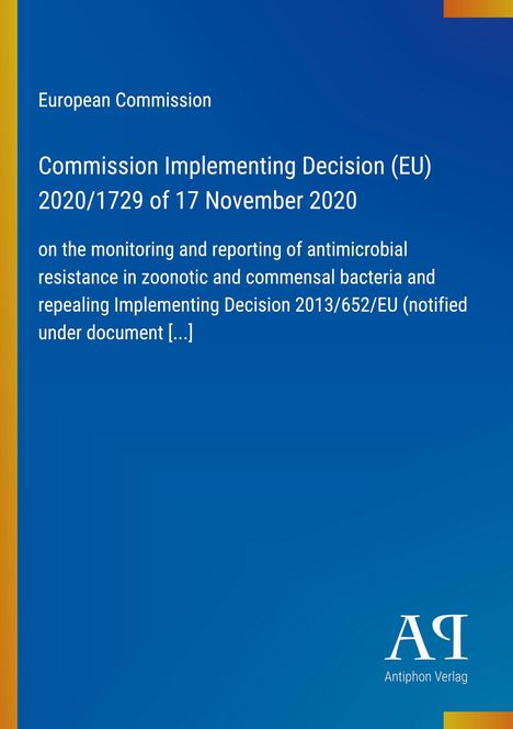 Oben steht "European Commission". Ein blauer Hintergrund mit gelbem Streifen links; Text und Antiphon Verlag Logo.