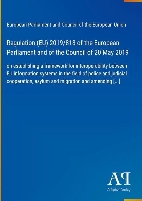 Text über EU-Verordnung zur Interoperabilität von Informationssystemen, blaues Layout, kleines Verlagssymbol unten.
