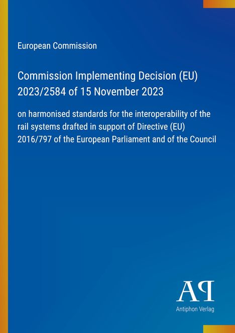Text über europäische Bahnsystemstandards mit Logo von Antiphon Verlag auf blauem Hintergrund.