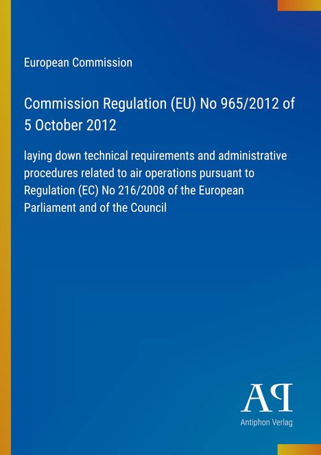 Text über EU-Verordnung zu Luftfahrttechnik. Blaues Cover mit gelben Streifen. Antiphon Verlag Logo unten rechts.