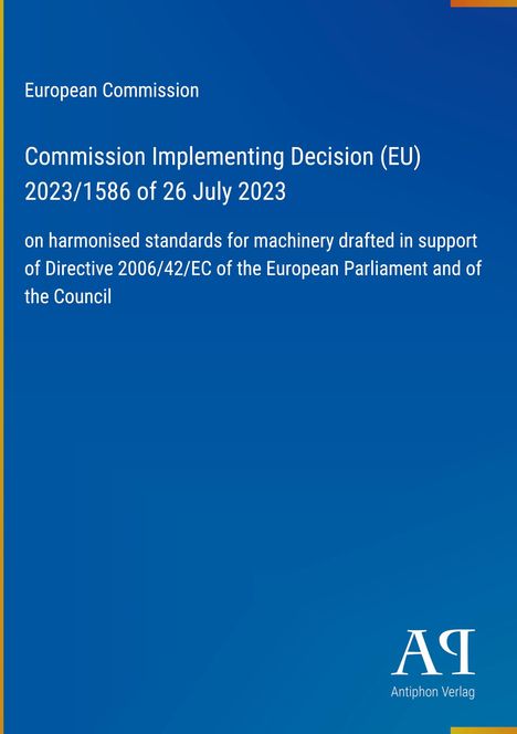 Text über EU-Richtlinie und Maschinenstandards. Blaues Design, Logo und Verlagshinweis unten rechts.