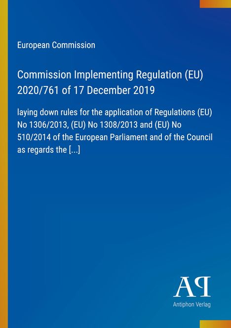 Text über EU-Verordnung auf blauem Hintergrund. Oben: "European Commission", unten: "Antiphon Verlag" Logo.