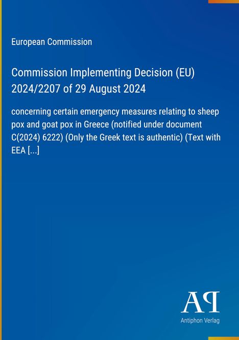Text über EU-Beschluss zu Notmaßnahmen gegen Schaf- und Ziegenpocken in Griechenland. Blauer Hintergrund.