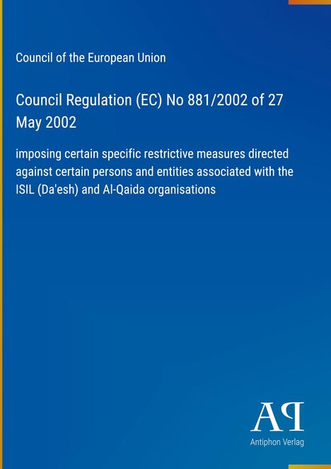 Der Text beschreibt eine EU-Verordnung von 2002 gegen ISIL und Al-Qaida. Unten steht "Antiphon Verlag". Alles auf blauem Hintergrund.