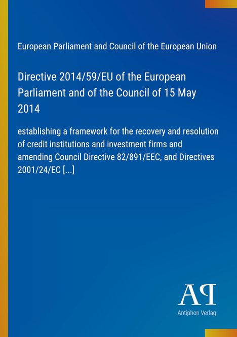 Text der EU-Richtlinie 2014/59/EU; Blau-weißes Farbschema und Verlag-Logo unten rechts.