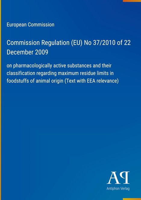 Text über EU-Verordnung zu pharmakologisch aktiven Substanzen. Blaues Cover, gelber Rand, Logo rechts unten.