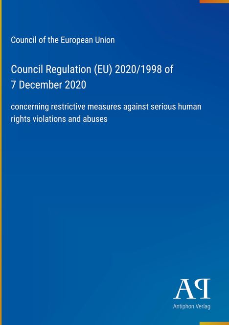 Text: Council of the European Union, Council Regulation (EU) 2020/1998 of 7 December 2020. Blaues Cover, schlichtes Layout.