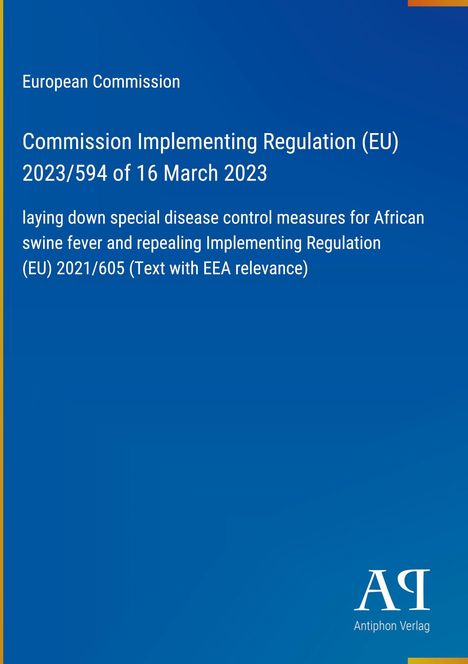 Text über EU-Regelung zur Schweinepestbekämpfung auf blauem Hintergrund mit einem Verlag-Logo in der Ecke.