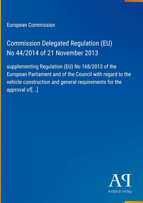 Text oben: "European Commission"; darunter: Regelungstitel. Unten rechts Logo "AR Antiphon Verlag". Hintergrund blau.
