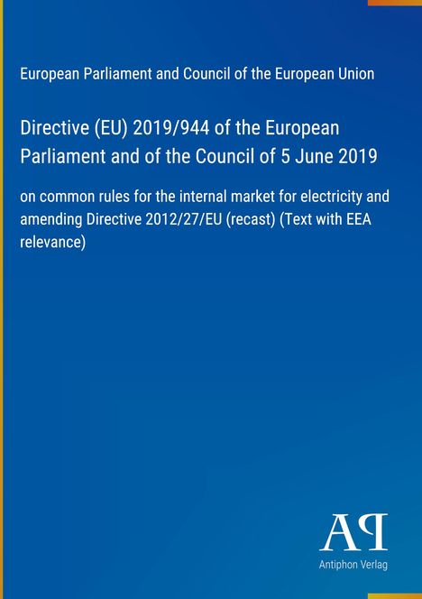 Directive (EU) 2019/944 über Strommarktregeln, Titel und Details weiß auf blauem Hintergrund. Logo unten rechts.