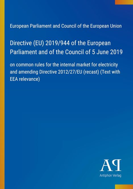 Text über EU-Richtlinie 2019/944 zu Elektrizitätsmarktregeln, mit blauem Hintergrund und Verlagssymbol unten.