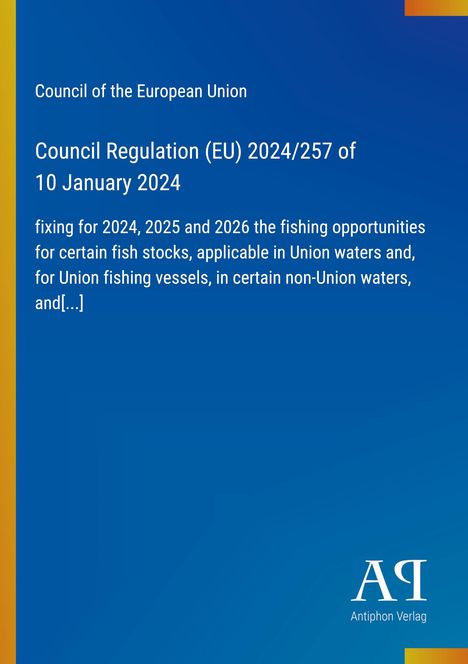 Titeltext über EU-Fischereiquoten bis 2026, blauer Hintergrund, links gelbe Leiste, unten ein Verlag-Logo.