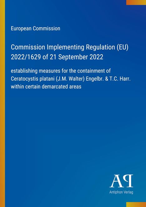 Text zu Maßnahmen der EU zur Eindämmung von Ceratocystis platani. Blaues Design mit gelben und orangen Akzenten.