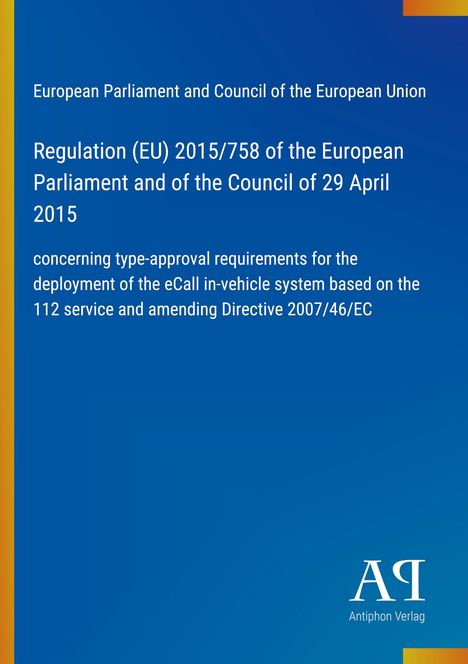 Regulation (EU) 2015/758 zum eCall-System, blauer Hintergrund, gelbe Akzente, Logo unten rechts.