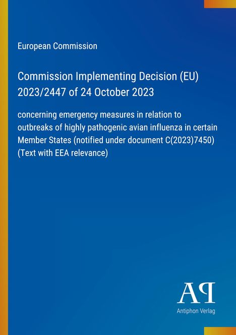 Text über Notfallmaßnahmen bei Geflügelpest in der EU. Blauer Hintergrund mit gelbem Streifen links. Logo "AP".