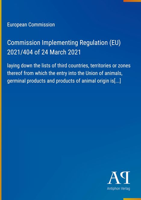 Text über eine EU-Verordnung zur Einfuhr tierischer Produkte. Rechts unten ein Logo, blauer Hintergrund.