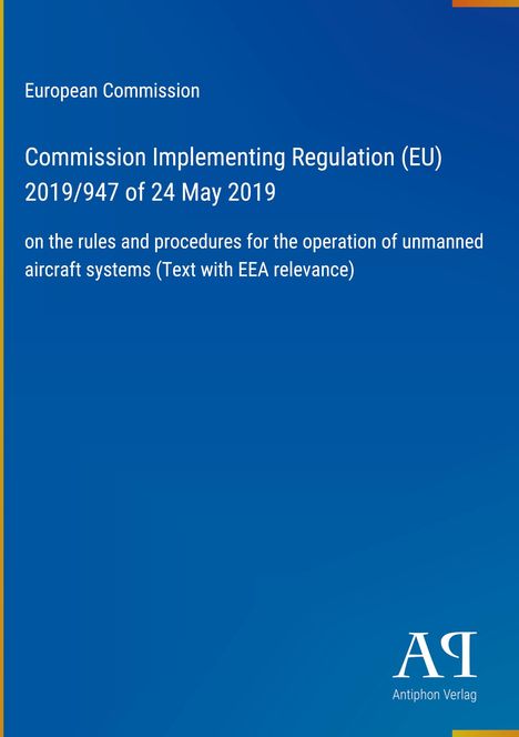Ein blauer Hintergrund mit Text zur EU-Verordnung über unbemannte Luftfahrtsysteme und einem weißen Logo unten rechts.