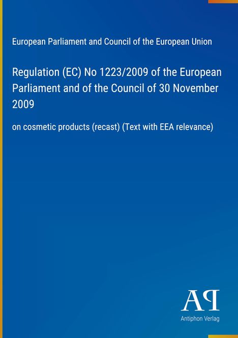 Text über EU-Kosmetikverordnung. Blaues Design, gelber Rand, mit "Antiphon Verlag" Logo und Text unten.