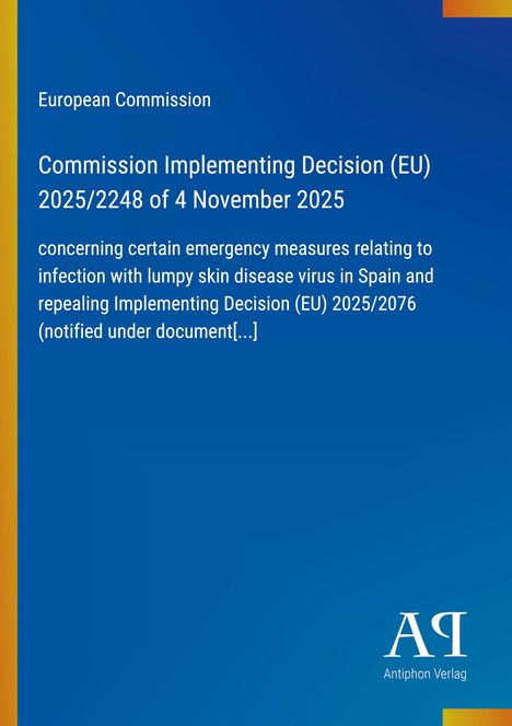 Text: "Commission Implementing Decision (EU) 2025/2248". Blaues Layout, gelber Rand, weißer Text, Verlag-Logo unten.