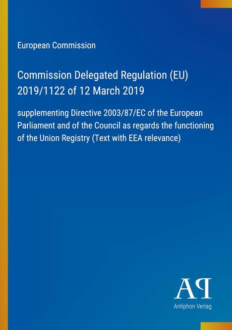 "Commission Delegated Regulation (EU) 2019/1122" auf blauem Hintergrund, gelbe und orange Akzente, Logo unten.