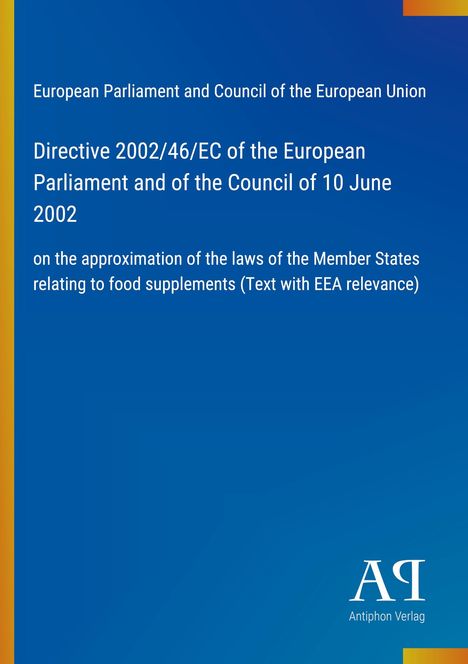 Text zur EU-Richtlinie 2002/46/EG über Nahrungsergänzungsmittel. Hintergrund in Blau mit einem Verlagslogo unten rechts.