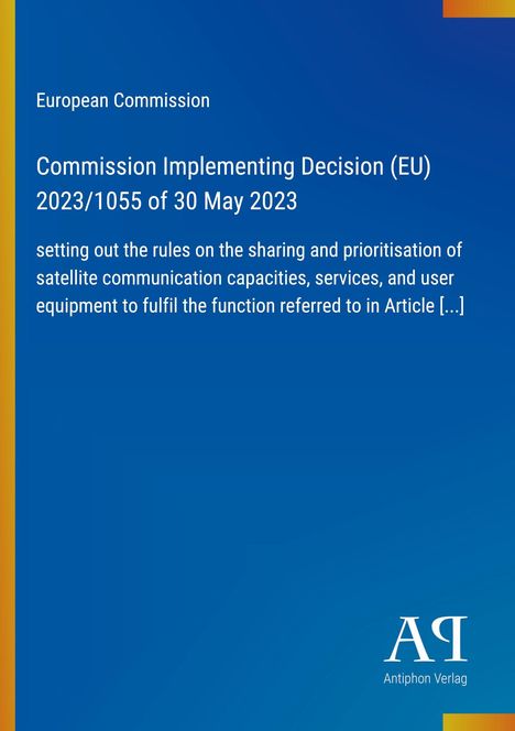 Text von der EU-Kommission über Satellitenkommunikation, vor blauem Hintergrund mit einem Verlag-Logo unten rechts.