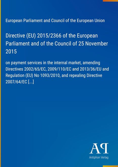 Text: Richtlinie (EU) 2015/2366 zu Zahlungsdiensten; blaues, formelles Cover; Verlagslogo unten rechts.