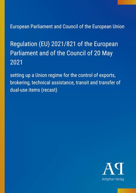 Regulation (EU) 2021/821, Exportkontrolle. Blauer Hintergrund, kleineres antikes Q Logo unten rechts.