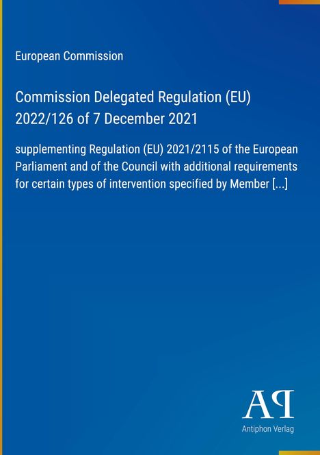 Titel: Commission Delegated Regulation (EU) 2022/126. Blaues Cover mit weißem Text und einem Verlag-Logo unten rechts.